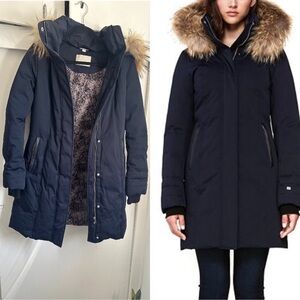Soiya & kyo navy blue faux leather trim hooded down feather parka coat NO OFFERS